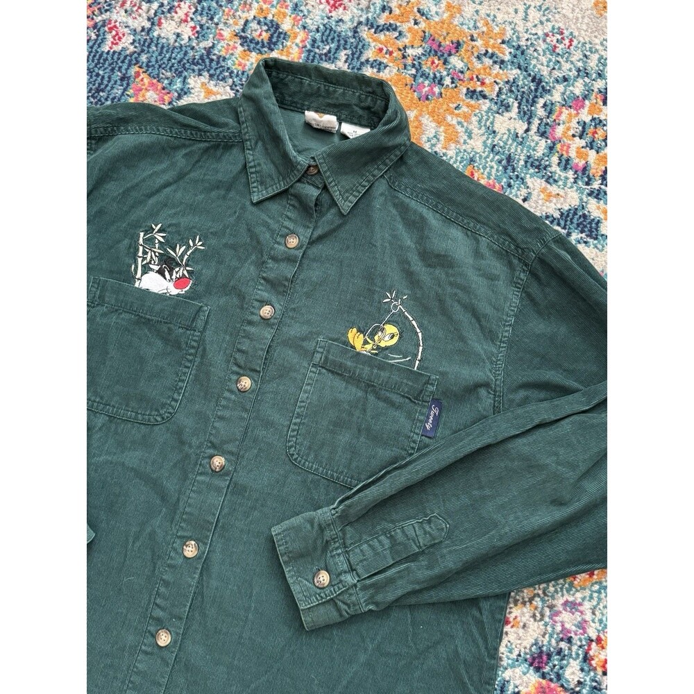Vintage 90s Looney Tunes Tweety Bird Sylvester Corduroy Button‎ Up Shirt Size M